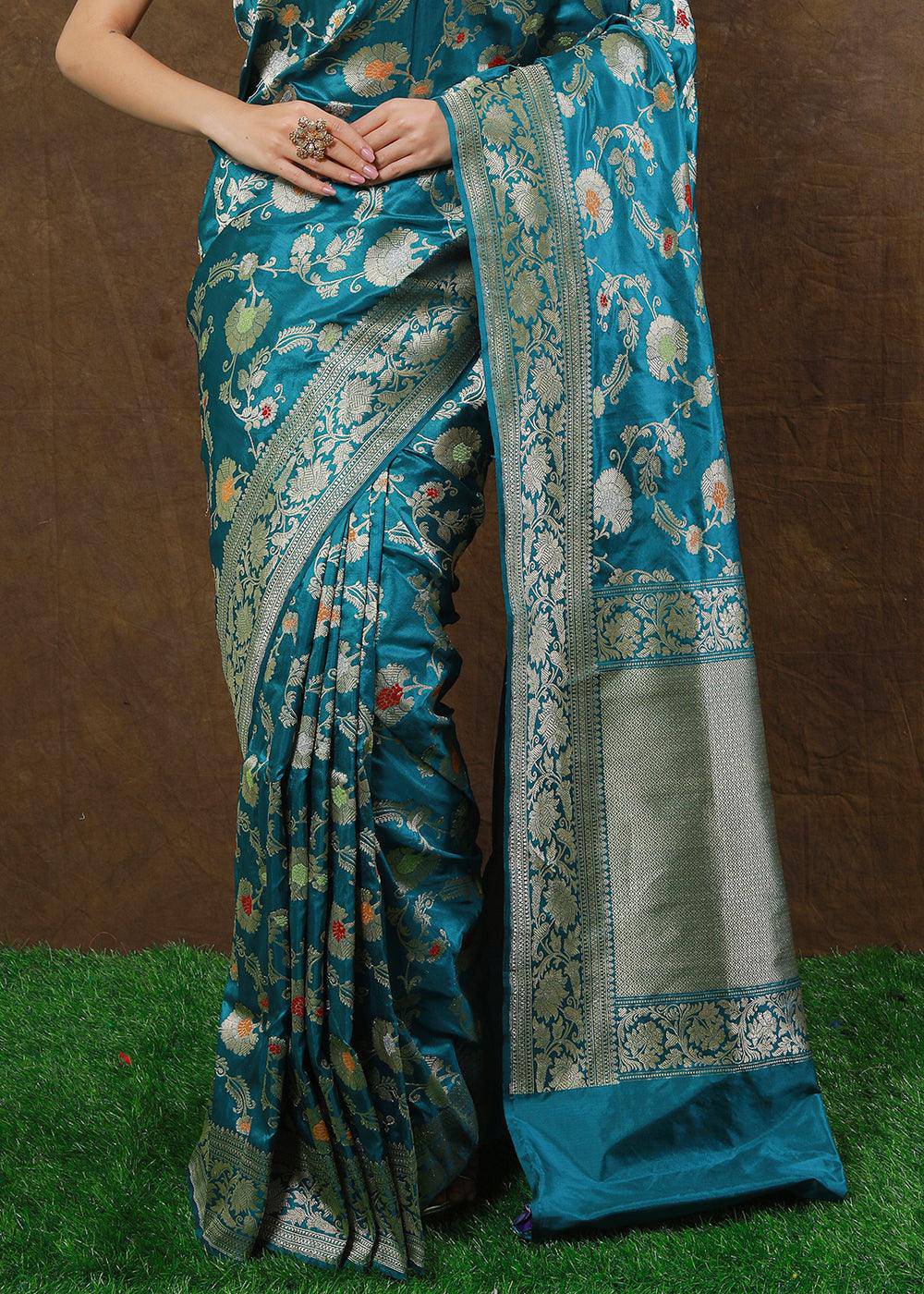 Bondi Blue Hand Woven Pure Katan Silk Saree | Stitched Blouse - qivii