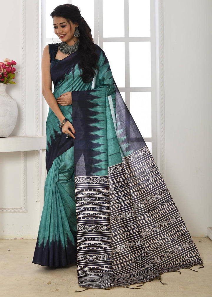 Bondi Blue Tussar Silk Temple Print Saree | Stitched Blouse - qivii