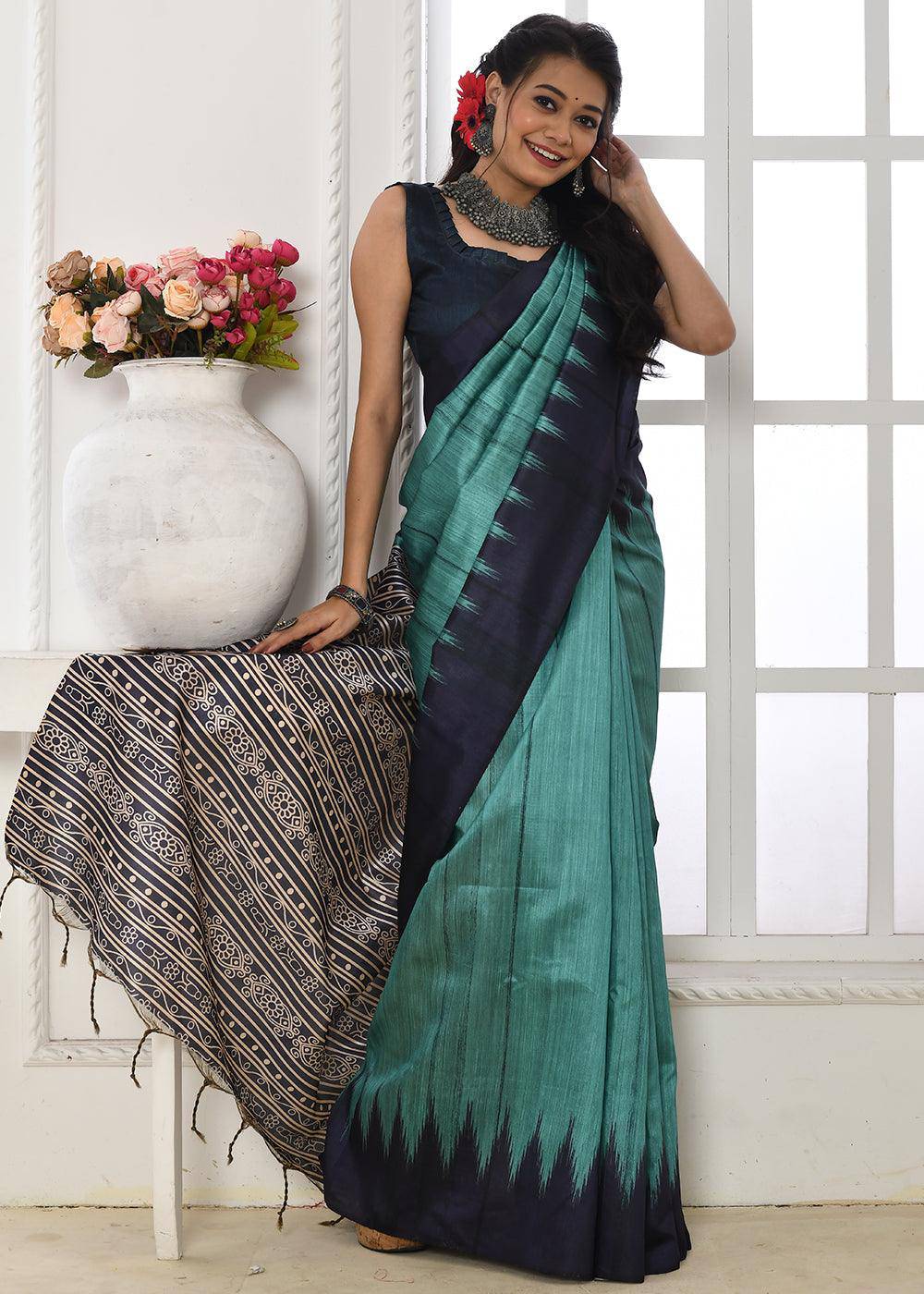 Bondi Blue Tussar Silk Temple Print Saree | Stitched Blouse - qivii