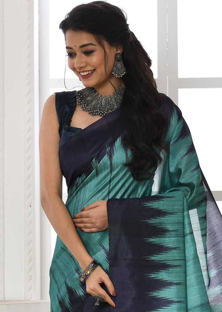 Bondi Blue Tussar Silk Temple Print Saree | Stitched Blouse - qivii