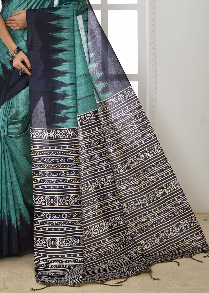 Bondi Blue Tussar Silk Temple Print Saree | Stitched Blouse - qivii