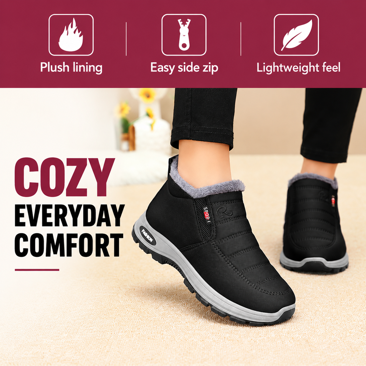 Black Bootara Women's Lunwick winter ankle boots with plush lining, side zipper, and cushioned sole, available in US sizes 4-12.5.