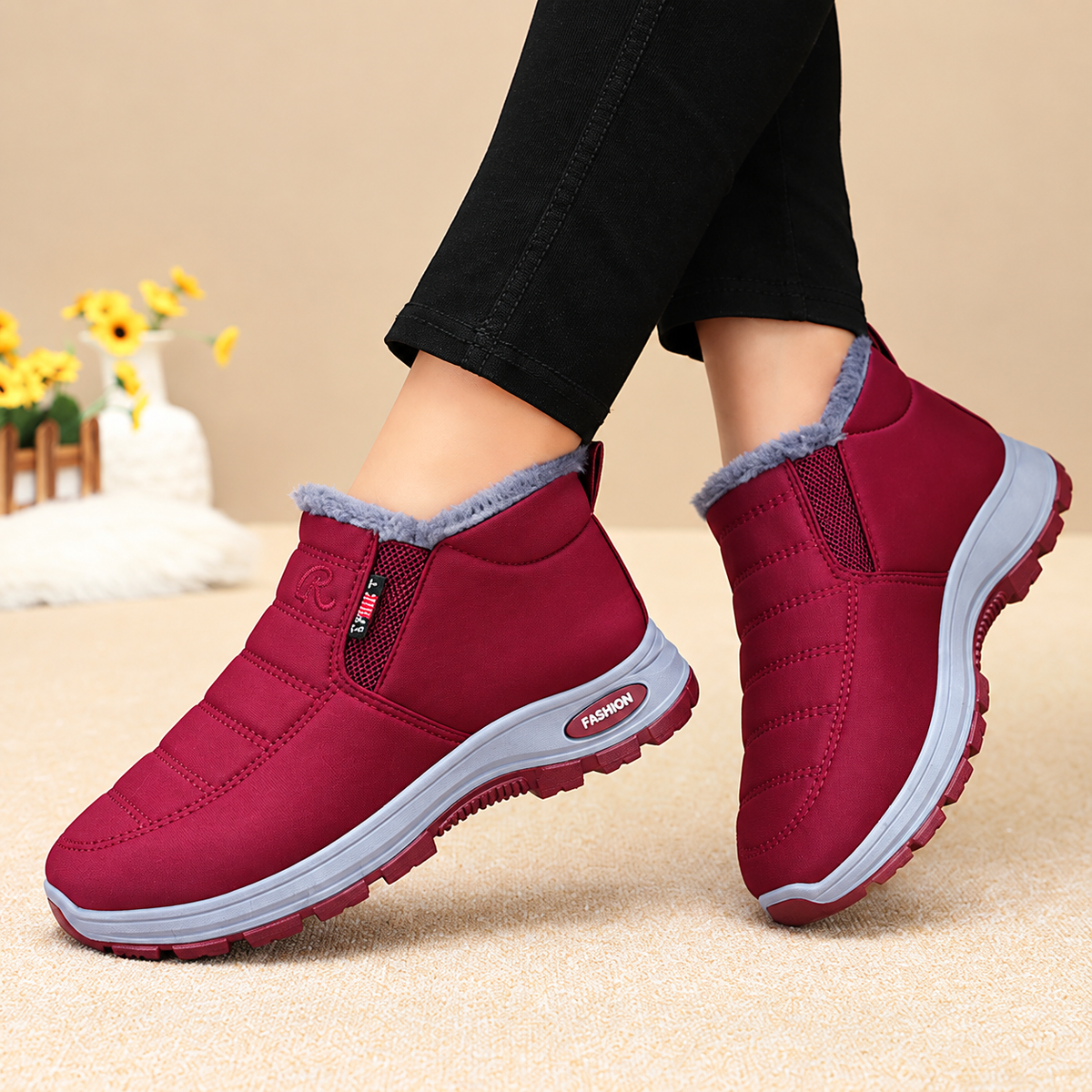 Red women's Lunwick winter ankle boots by Bootara with plush lining, side zipper, and cushioned sole, available in US sizes 4-12.5.