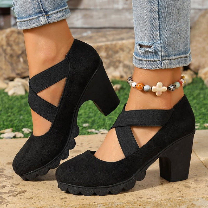 Women's Bootara Ainsley Mary Jane shoes in black suede-look with round toe, cross-strap, chunky lug heel, and block heel design.