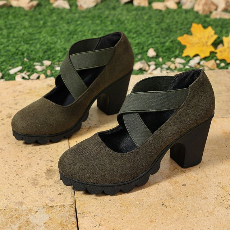 Women's Bootara Ainsley Mary Jane shoes in green suede look with round toe, cross-strap, chunky lug heel, and block heel design.