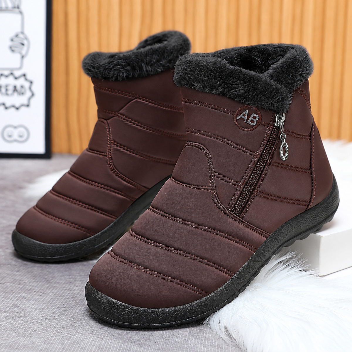 Women's Norwyn Snow Boots by Bootara in brown, water-resistant fleece-lined high-top boots with side zipper.