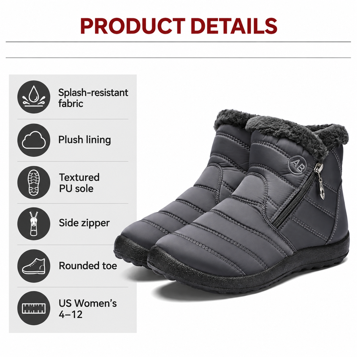 Gray Women's Norwyn Snow Boots by Bootara with water-resistant exterior, fleece lining, and side zipper, high-top design.