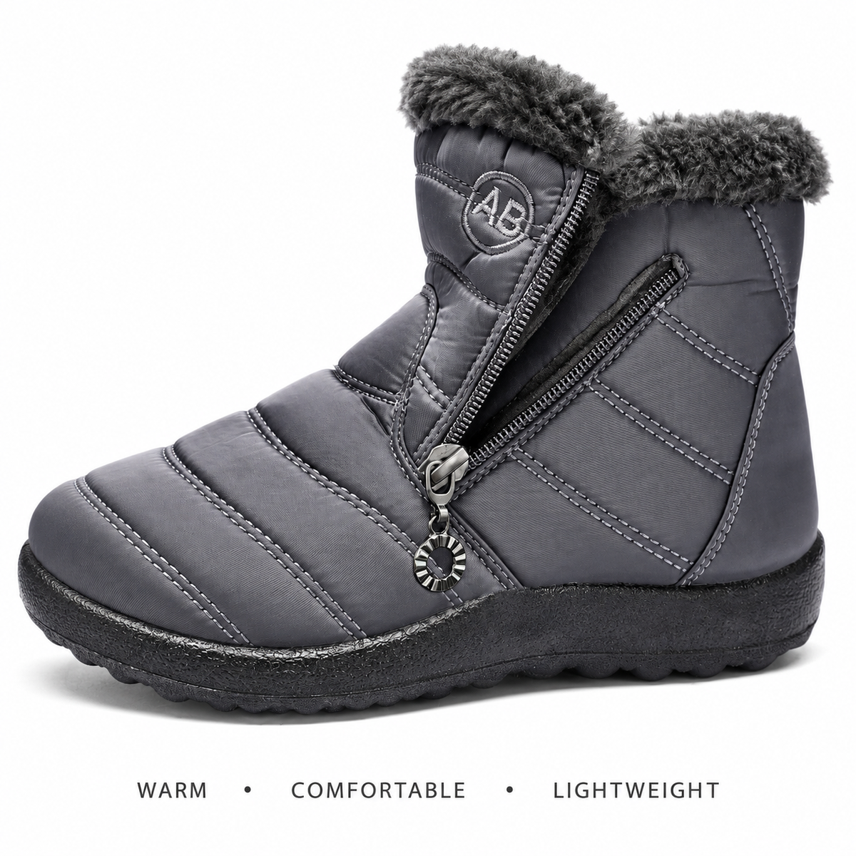 Gray Women's Norwyn Snow Boots by Bootara with water-resistant exterior, fleece lining, high-top style, and side zipper detail.