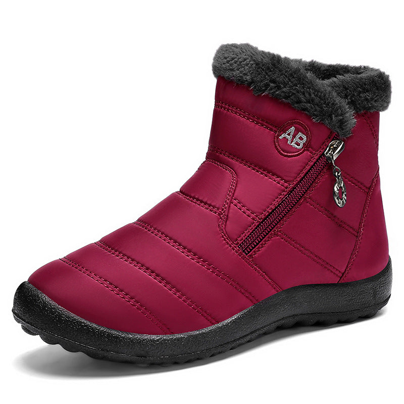 Red Bootara Norwyn women's snow boots with water-resistant exterior, fleece lining, side zipper, high-top design, US sizes 4-12.