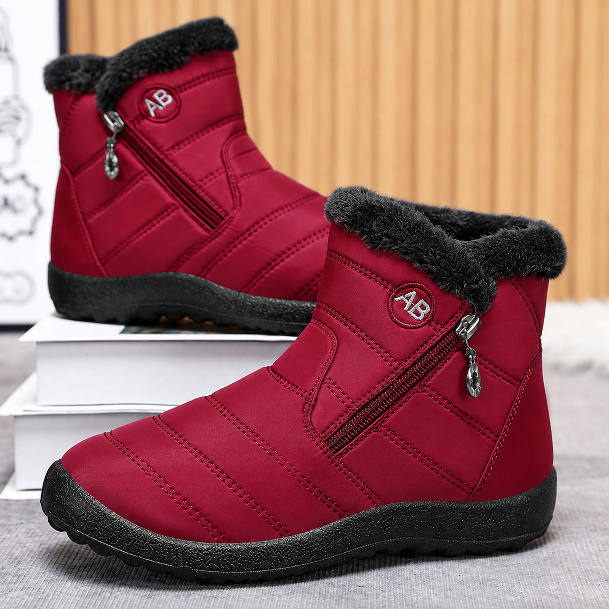 Red Women's Norwyn Snow Boots by Bootara with water-resistant exterior, fleece lining, and side zipper, high-top winter footwear.