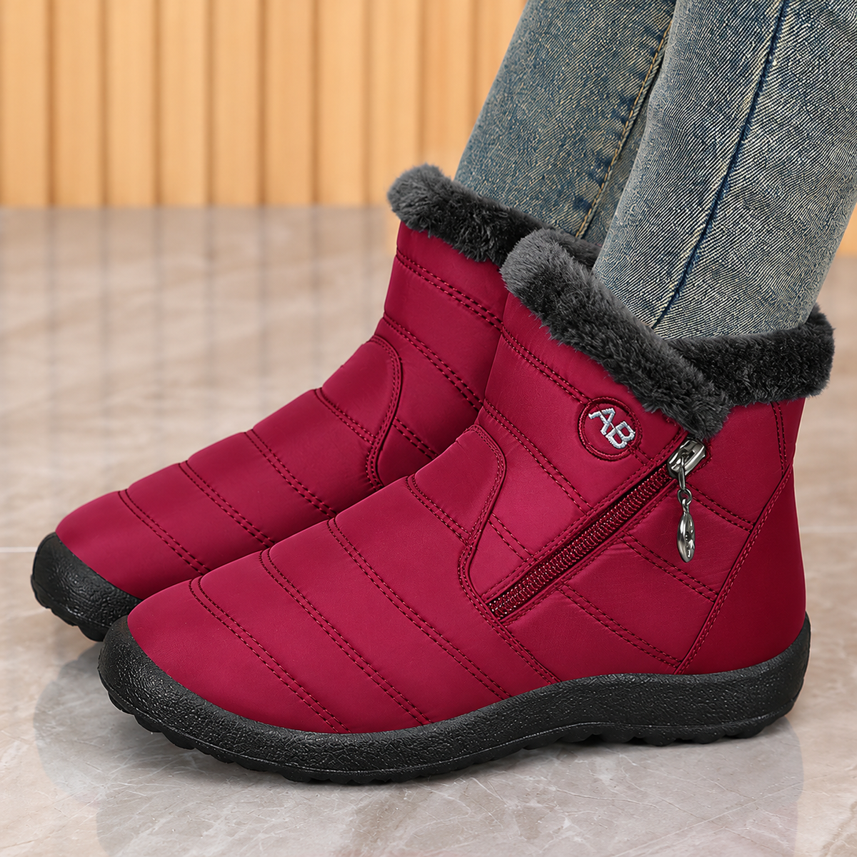 Women's Norwyn Snow Boots by Bootara, red water-resistant fleece-lined high-top boots with side zipper, suitable for US sizes 4-12.