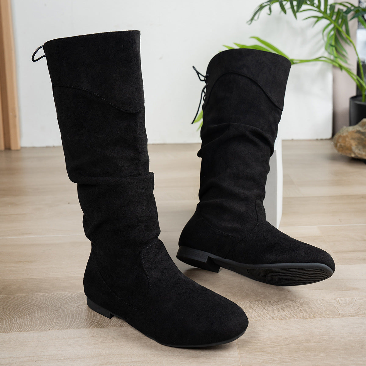 Black Women's Roslyn Slouch Boots by Bootara with suede-look finish, back ties, and low block heel, available in US size 5-10.5.