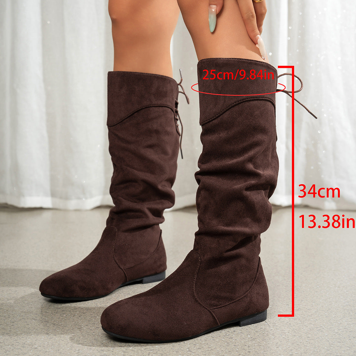 Women's Roslyn slouch boots by Bootara in coffee brown suede look with back ties and low block heel, size US 5-10.5.