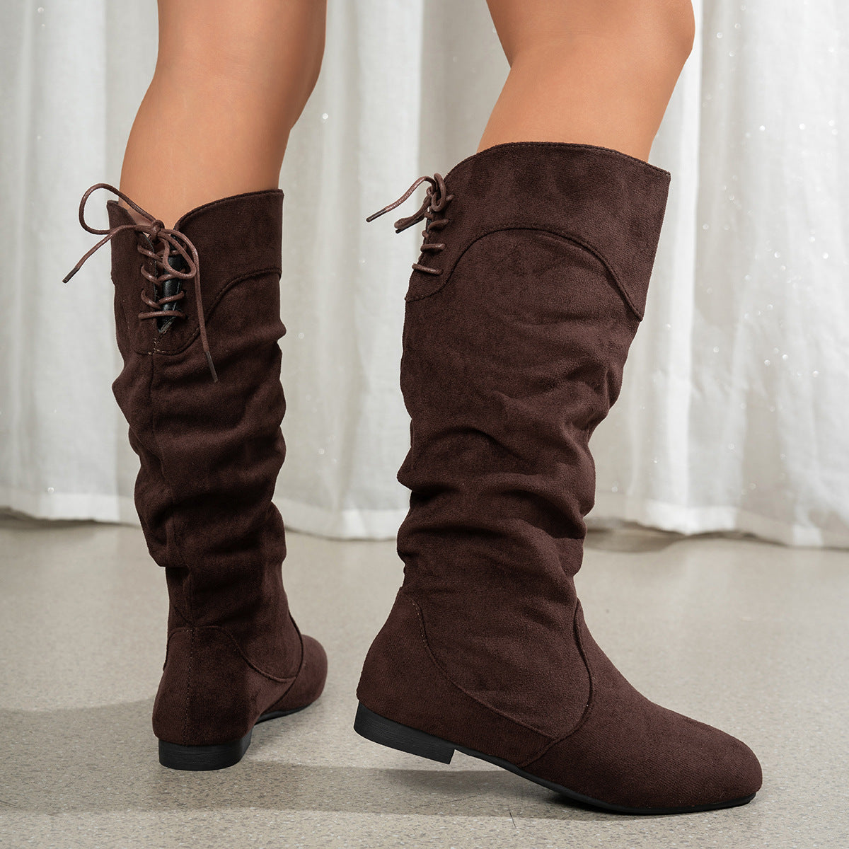 Women's Roslyn Slouch Boots by Bootara in coffee brown suede-look with back ties and low block heel, US size 9.
