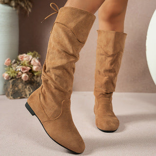 Women's Roslyn slouch boots by Bootara in khaki suede-look with back ties and low block heel, available in US sizes 5-10.5.