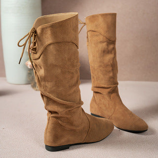 Women's Roslyn Slouch Boots by Bootara in khaki, suede-look tall boots with back ties and a low block heel, available in US sizes 5-10.5.