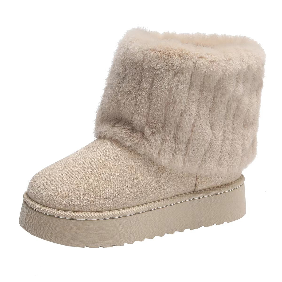 Beige Women's Tundelle Short Winter Boots by Bootara with faux fur cuff and slip-on platform design, US size 8.