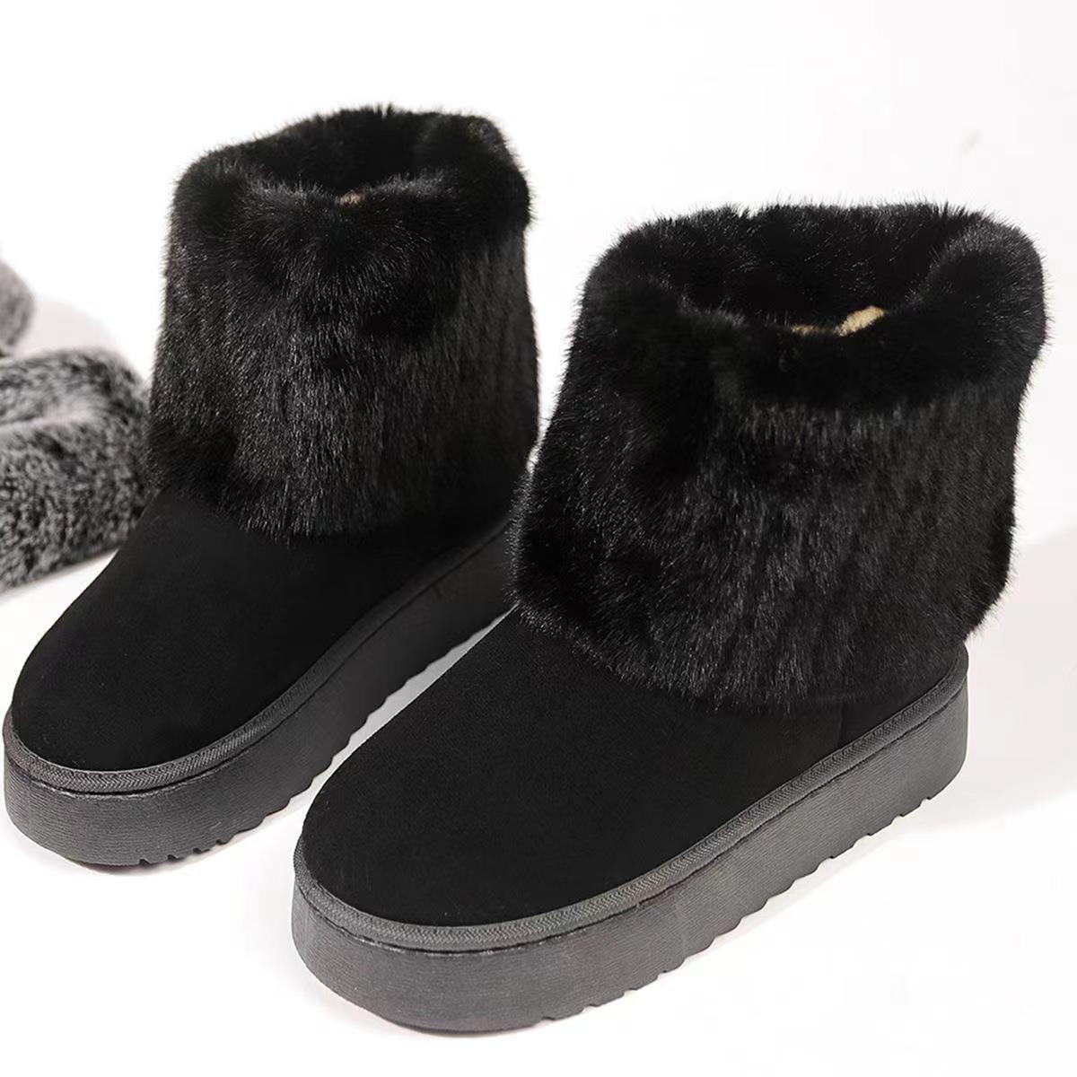 Black women's Tundelle short winter boots by Bootara with faux fur cuff, slip-on platform design, available in US sizes 5 to 10.5.