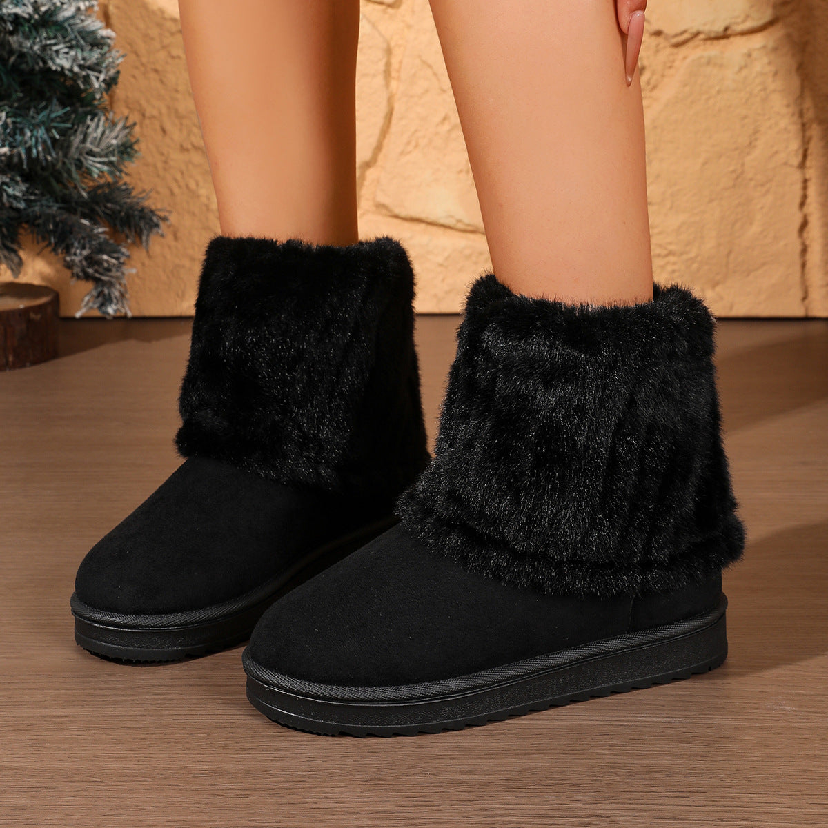 Women's black Tundelle winter boots by Bootara with faux fur cuff and slip-on platform design, available in US sizes 5-10.5.