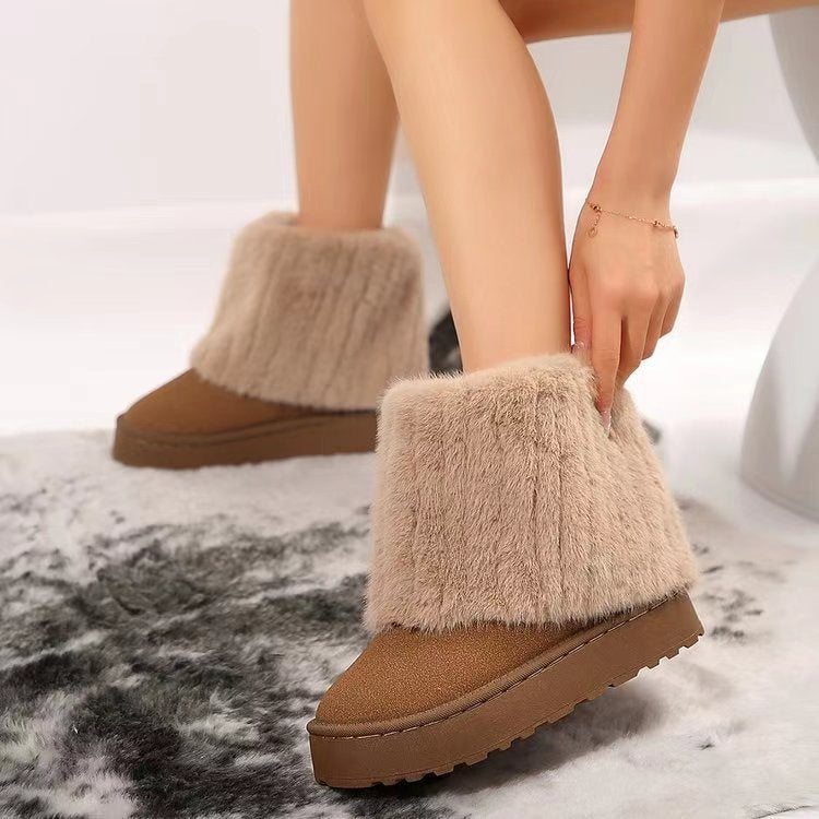 Women's Tundelle short winter boots by Bootara with faux fur cuff, slip-on platform design in brown, available in US sizes 5 to 10.5.