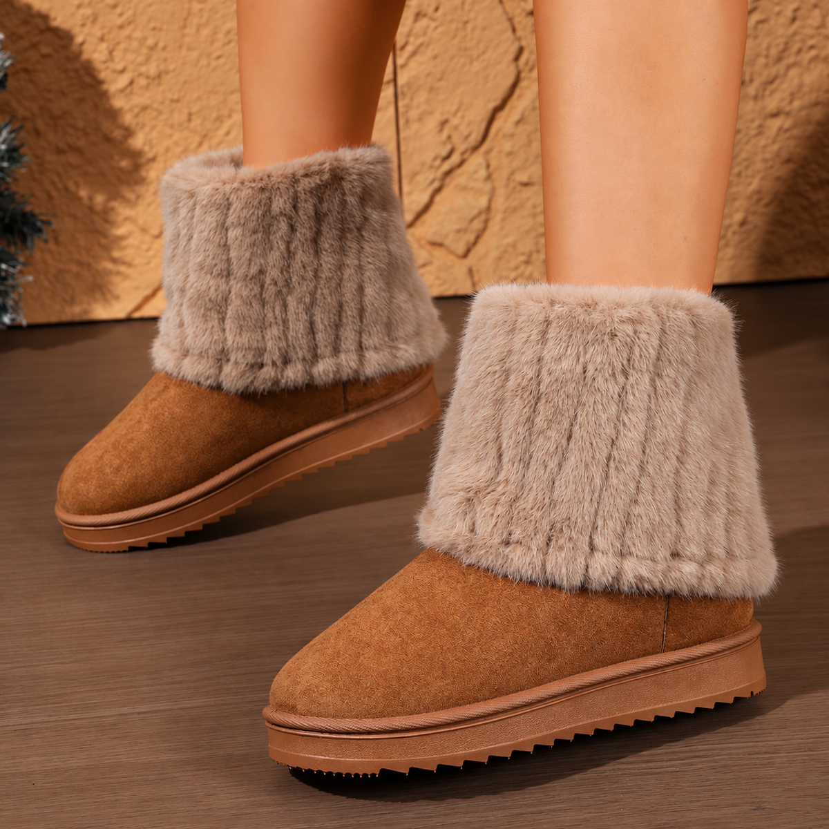 Women's brown Tundelle short winter boots by Bootara with faux fur cuff and slip-on platform design, available in US sizes 5-10.5.