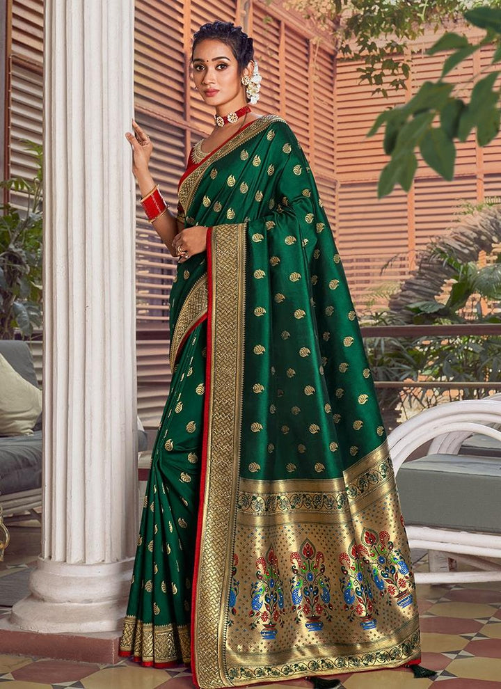 Bottle Green Color Silk Base Half And Half Silk Weave Work Saree  - By Kreeva