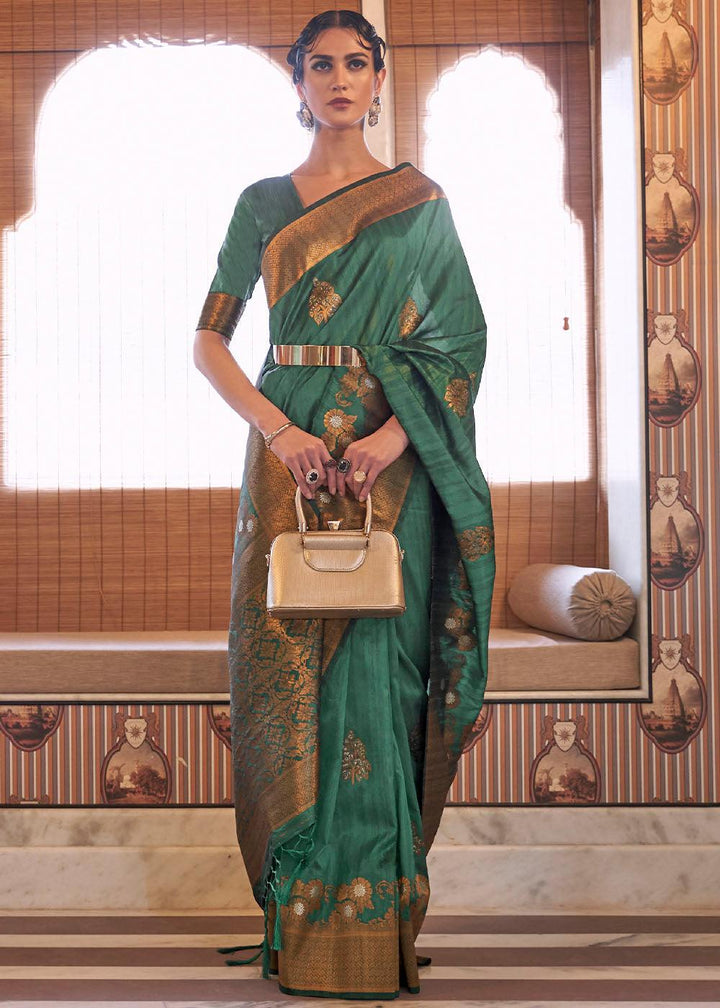 Bottle Green Copper Zari Woven Tussar Silk Saree | Stitched Blouse - qivii