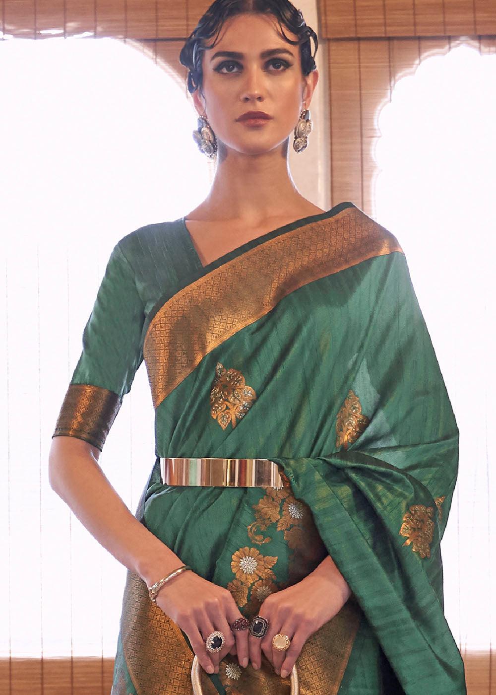 Bottle Green Copper Zari Woven Tussar Silk Saree | Stitched Blouse - qivii