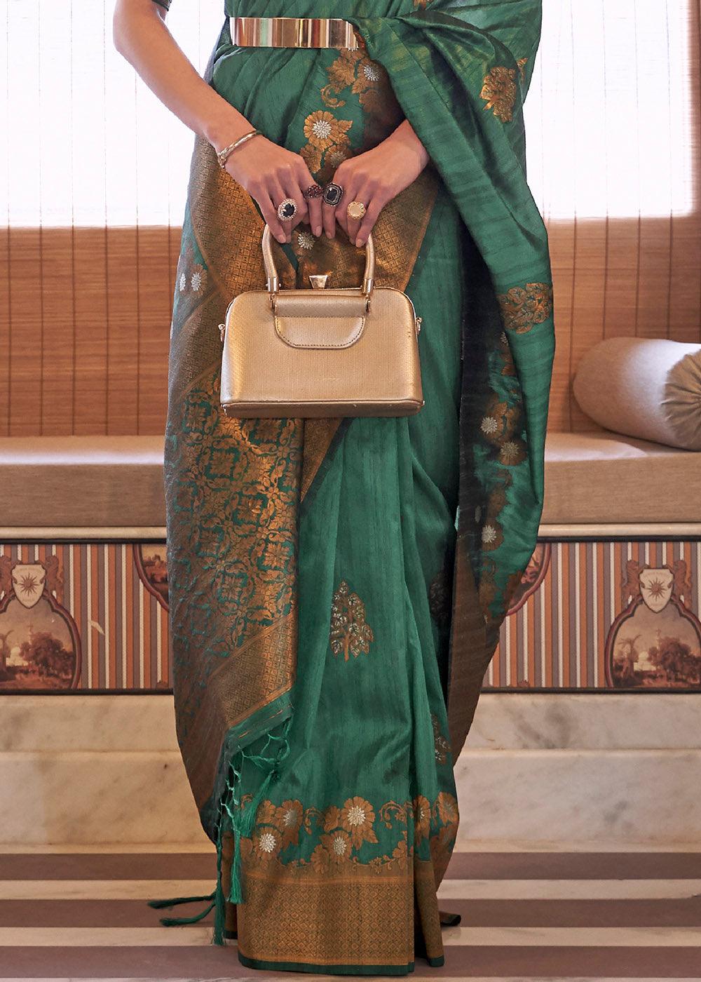 Bottle Green Copper Zari Woven Tussar Silk Saree | Stitched Blouse - qivii