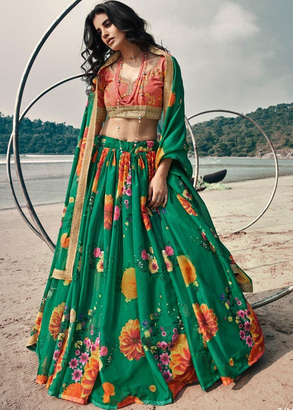 Bottle Green Designer Printed Organza Lehenga with Soft Net Dupatta - qivii