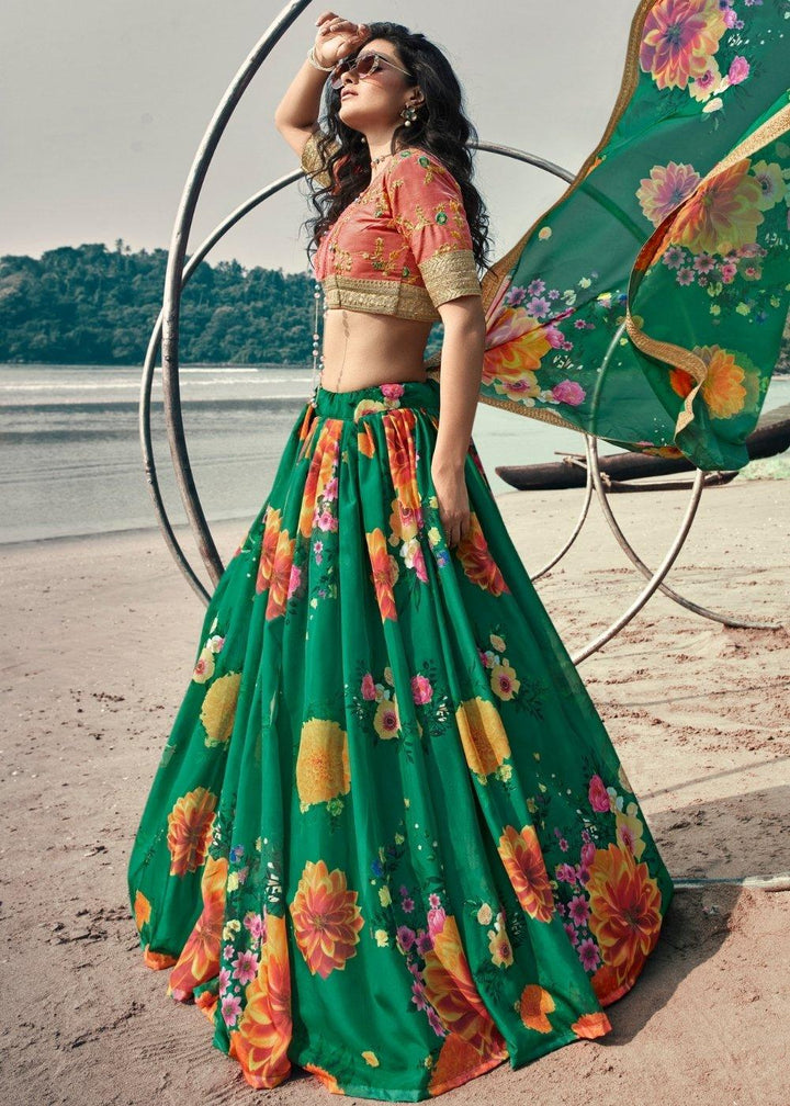 Bottle Green Designer Printed Organza Lehenga with Soft Net Dupatta - qivii