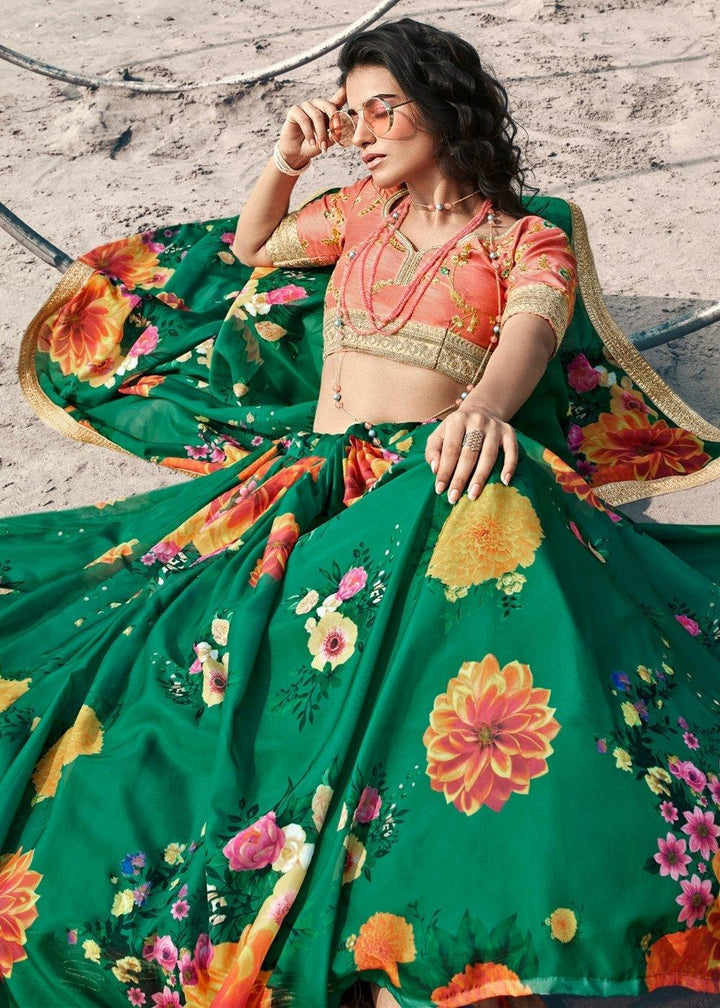 Bottle Green Designer Printed Organza Lehenga with Soft Net Dupatta - qivii