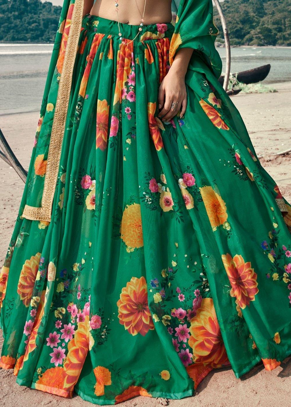 Bottle Green Designer Printed Organza Lehenga with Soft Net Dupatta - qivii