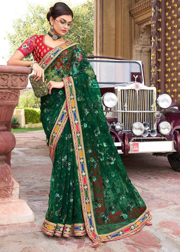 Bottle Green Digital Net Saree with Sequins,Thread,Mirror & Flower Applic work | Stitched Blouse - qivii