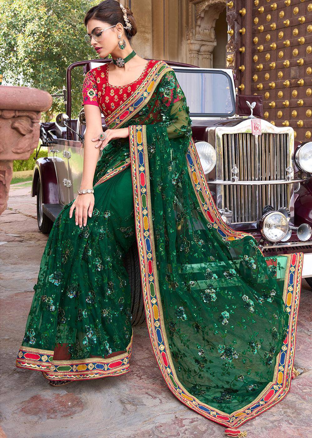 Bottle Green Digital Net Saree with Sequins,Thread,Mirror & Flower Applic work | Stitched Blouse - qivii