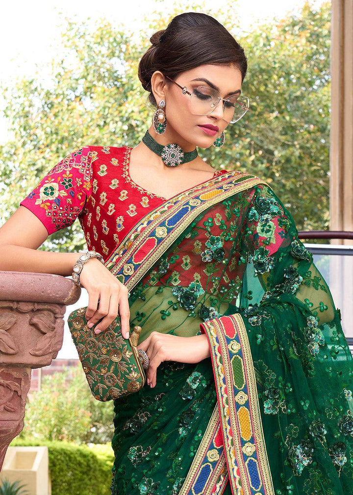 Bottle Green Digital Net Saree with Sequins,Thread,Mirror & Flower Applic work | Stitched Blouse - qivii