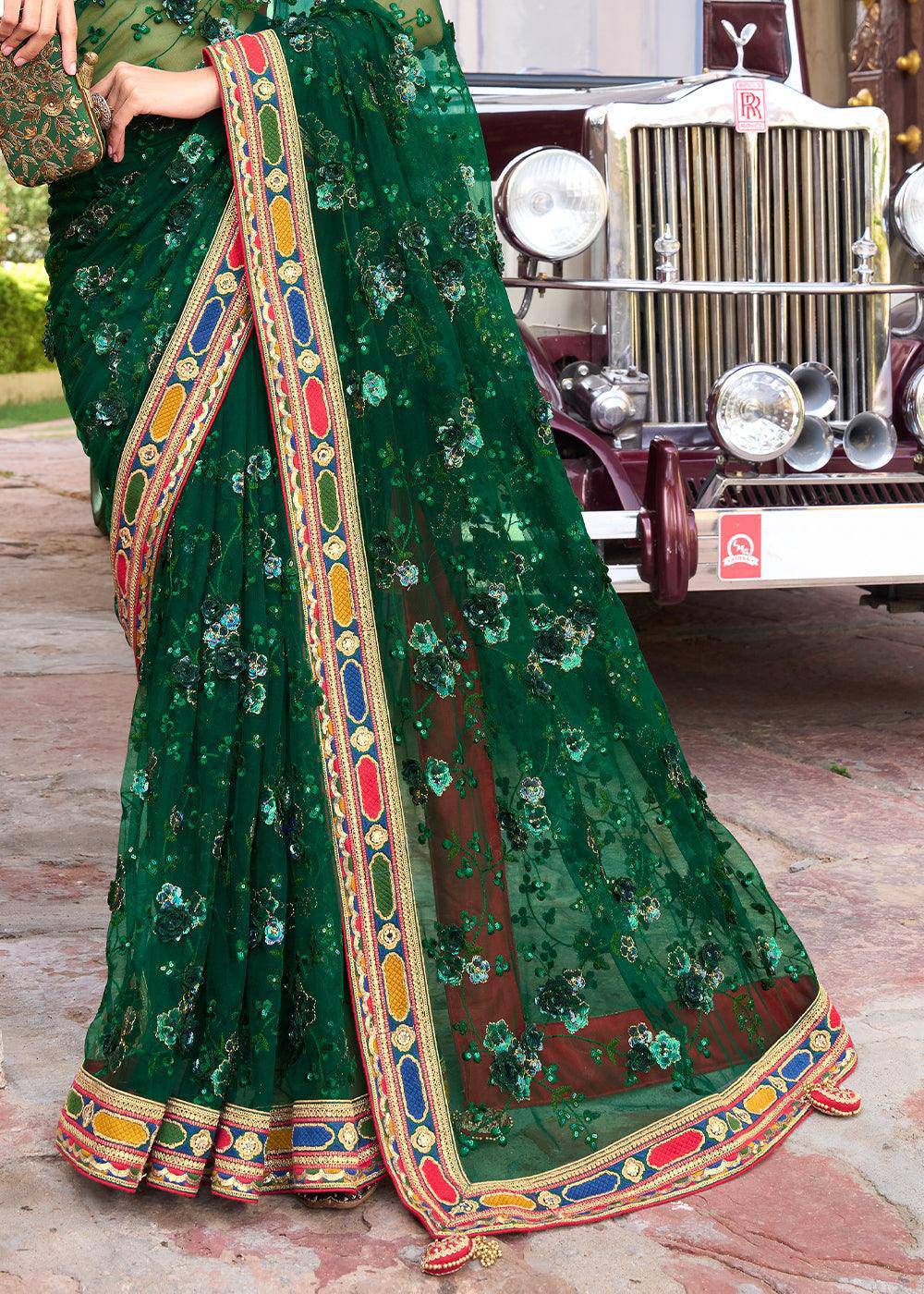 Bottle Green Digital Net Saree with Sequins,Thread,Mirror & Flower Applic work | Stitched Blouse - qivii