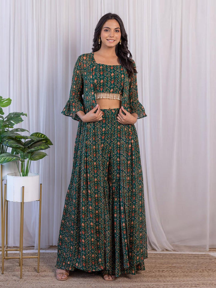 Bottle Green Printed Georgette Crop-Top & Sharara Set by Qivii