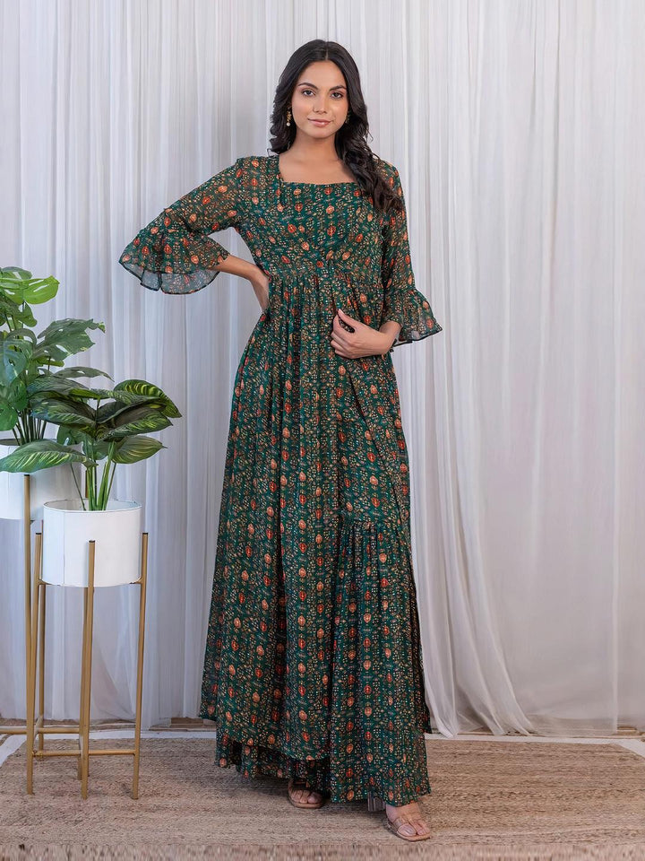 Bottle Green Printed Georgette Crop-Top & Sharara Set by Qivii