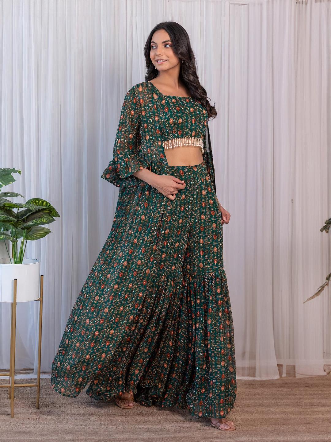 Bottle Green Printed Georgette Crop-Top & Sharara Set by Qivii