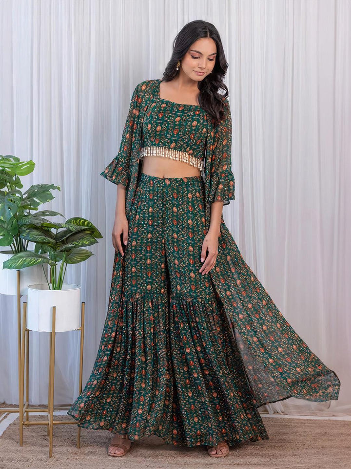 Elegant and stylish crop-top and sharara set in georgette fabric