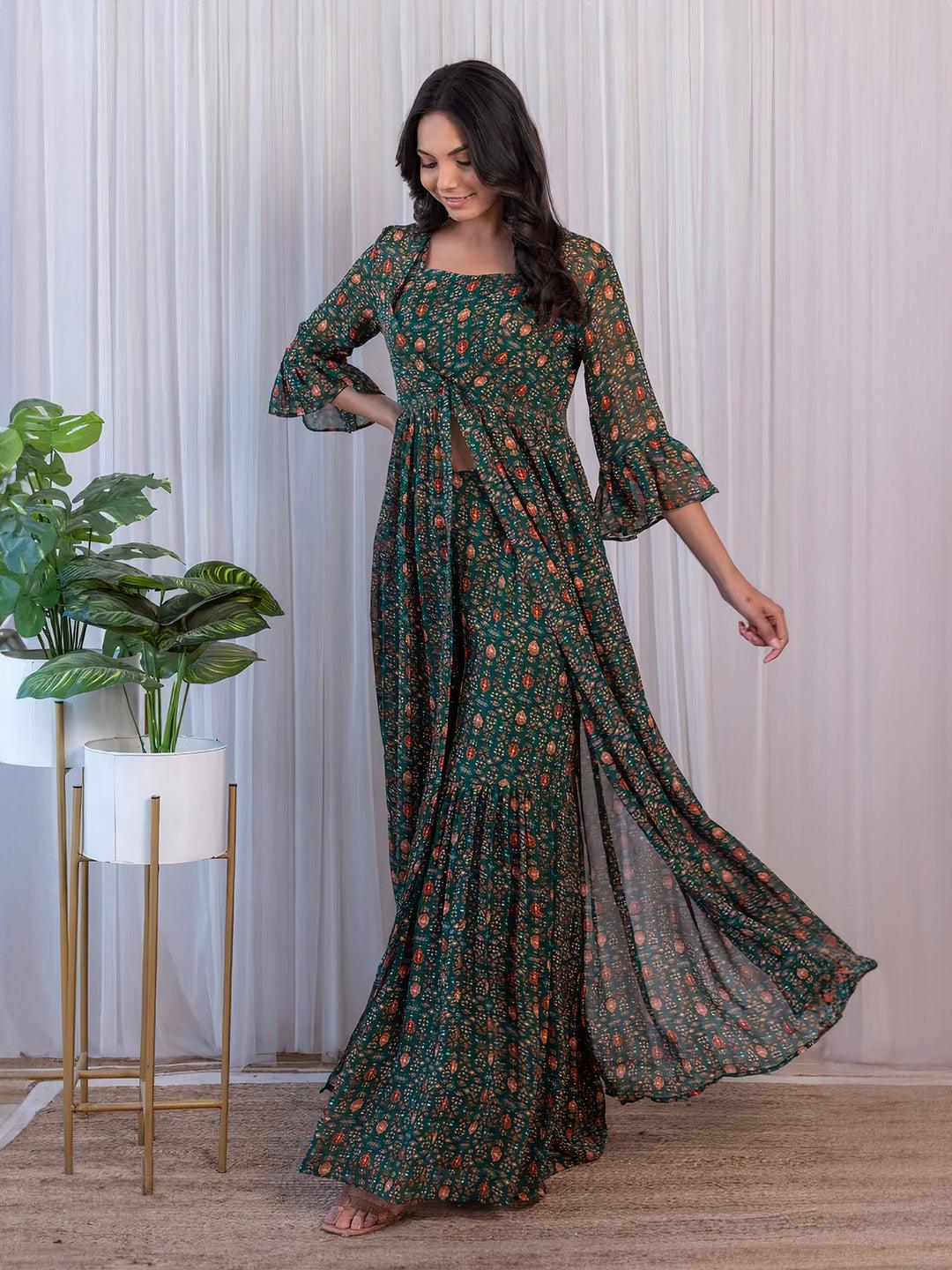 Bottle Green Printed Georgette Crop-Top & Sharara Set by Qivii