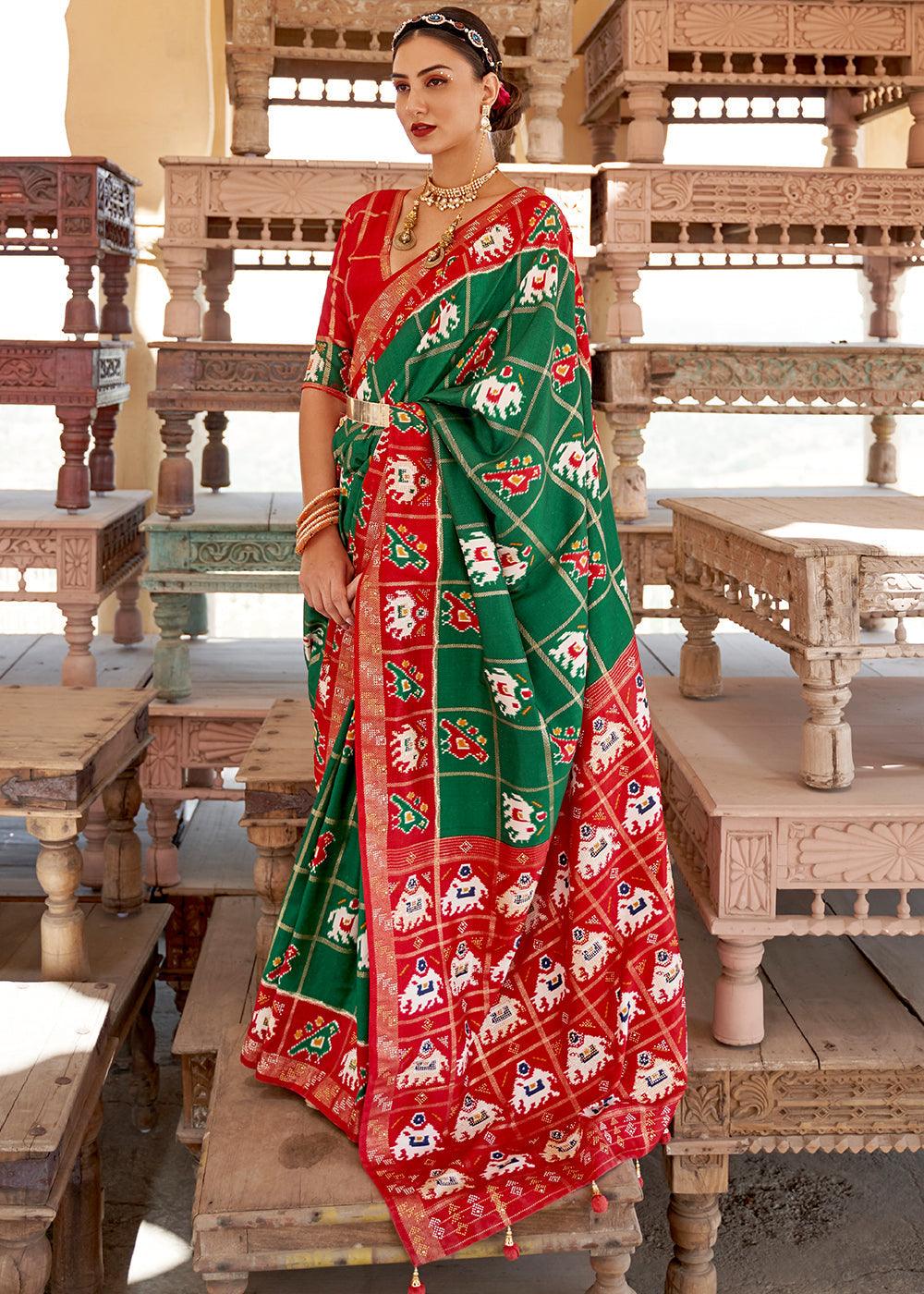 Bottle Green Printed Patola Silk Saree with Zari Border & Tassels on Pallu | Stitched Blouse - qivii