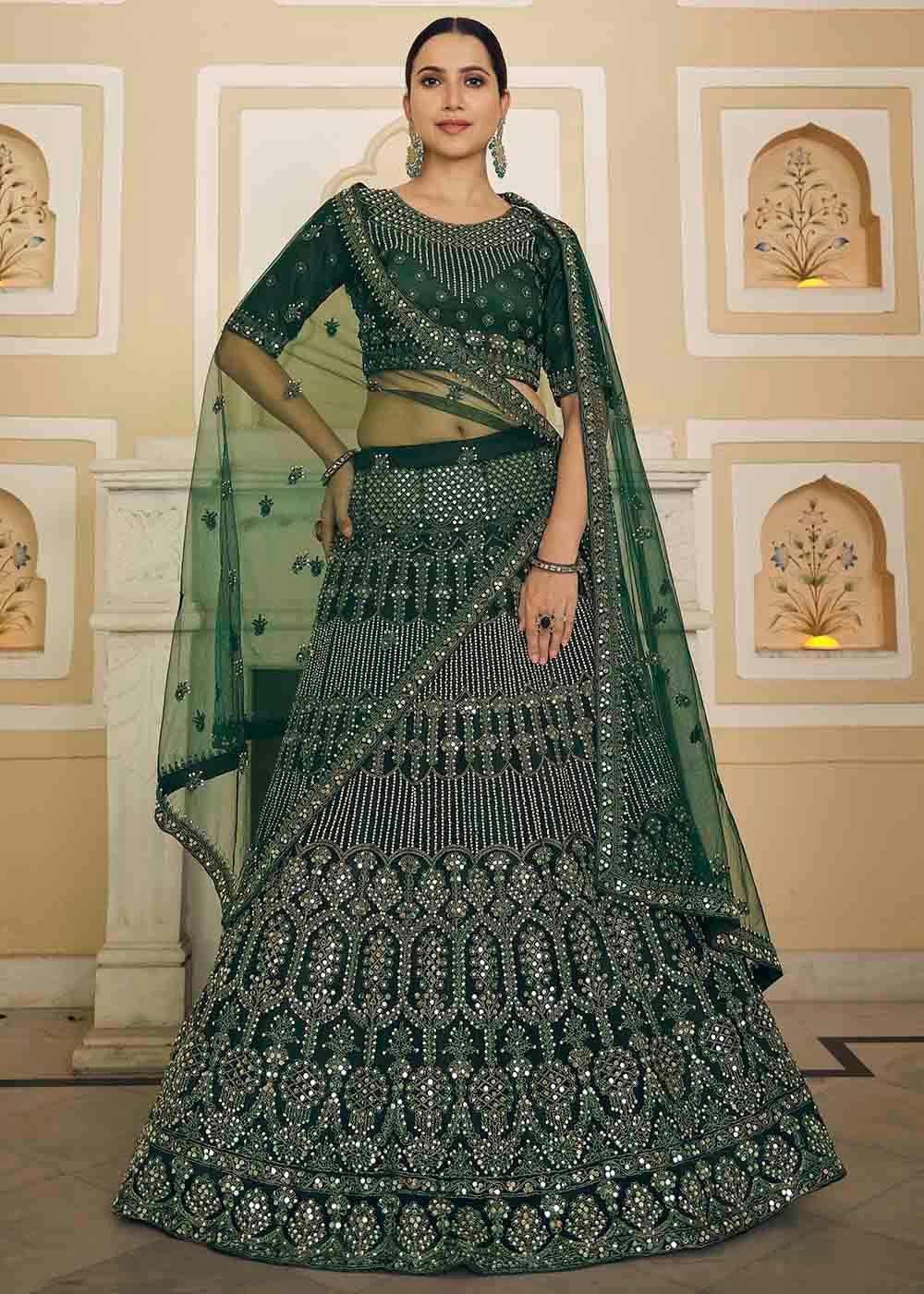 Bottle Green Soft Net Lehenga Choli with Dori & Mirror work - qivii