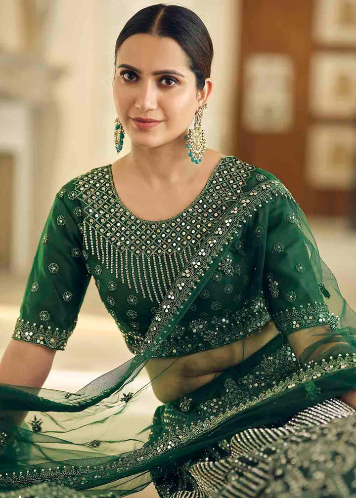 Bottle Green Soft Net Lehenga Choli with Dori & Mirror work - qivii