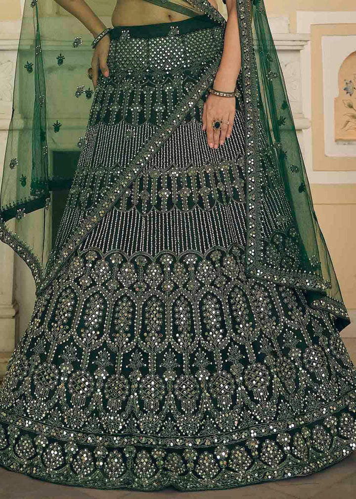 Bottle Green Soft Net Lehenga Choli with Dori & Mirror work - qivii