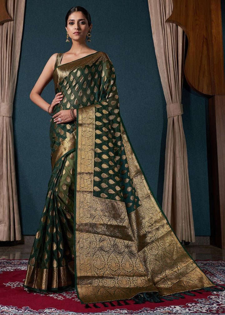 Bottle Green Woven Organza Saree - qivii