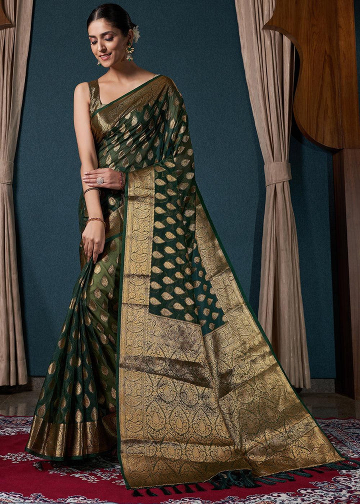 Bottle Green Woven Organza Saree - qivii