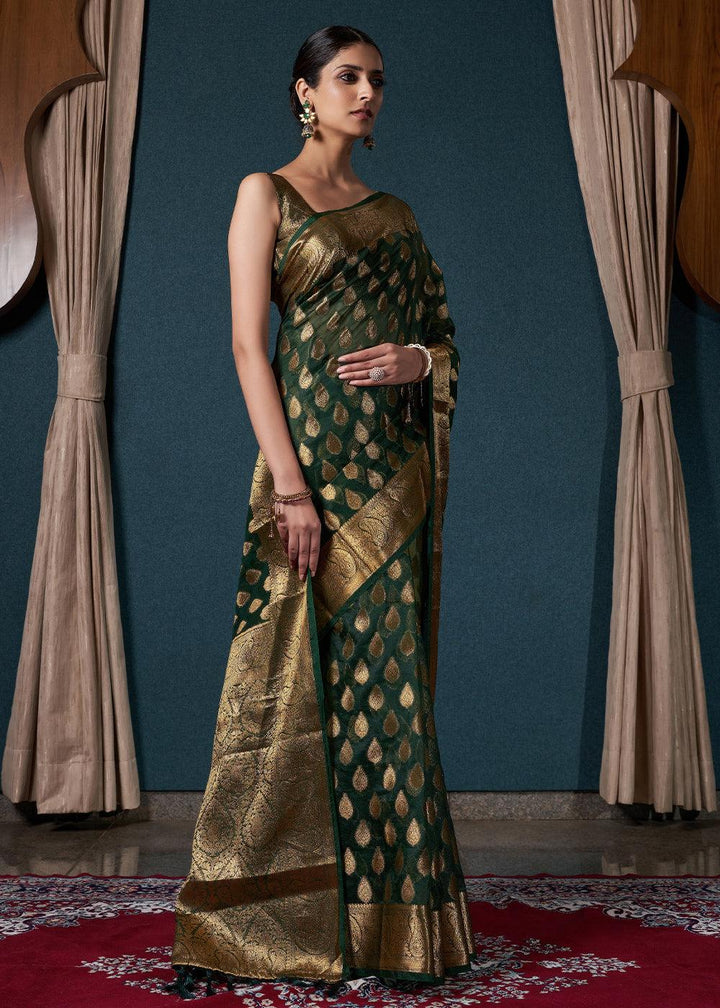 Bottle Green Woven Organza Saree - qivii