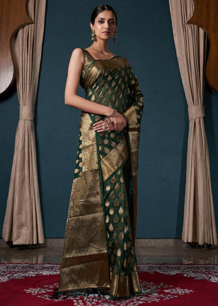 Bottle Green Woven Organza Saree - qivii